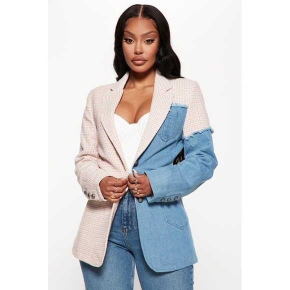 Fashion Nova Denim Tweed Blazer Jacket Women XL Pink Gold Blue - Picture 10 of 10